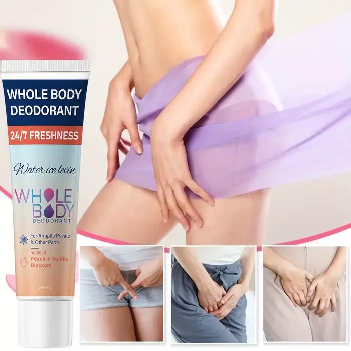 Déodorant corps entier fraîcheur 24/7 pour aisselles et parties intimes avec acide hyaluronique et parfum pêche vanille.