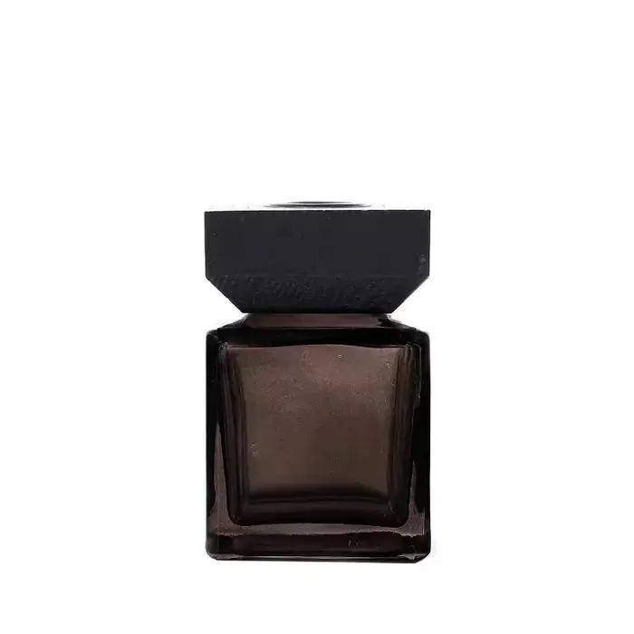 Bouteille de parfum en verre carré transparent noir, sans feu, rotin, fleur sèche séparée, huile essentielle végétale volatile, 100ml